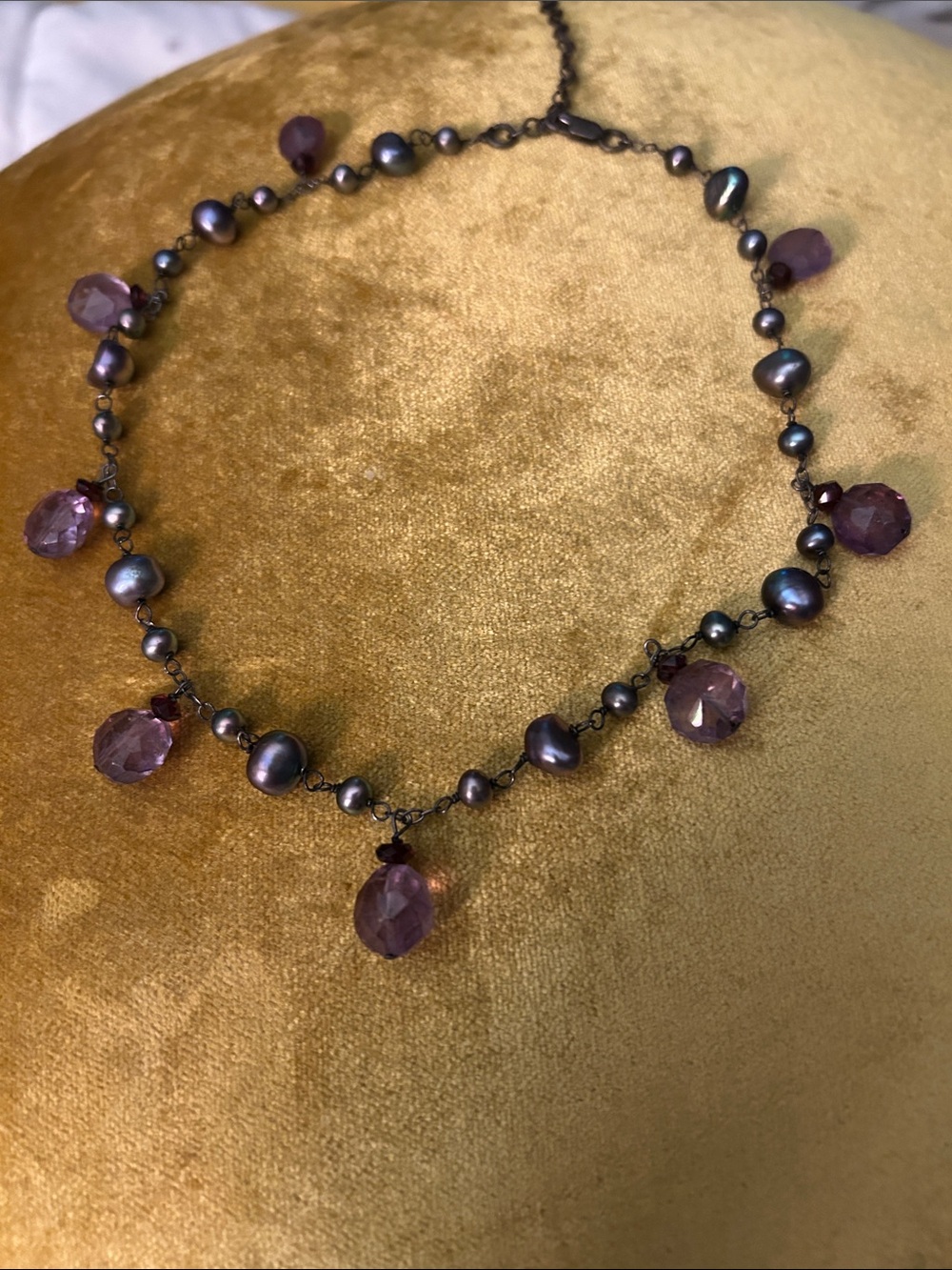 Black Freshwater Pearl and Crystal Amethyst Drop Necklace and small silver Beads